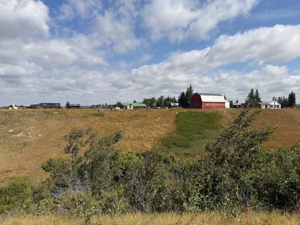 The ranch buildings on the hilltop, seen across the grass