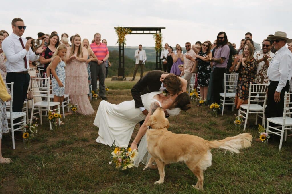 A golden retriever walks the aisle at an outdoor wedding ceremony, Blue Sky Ranch wedding